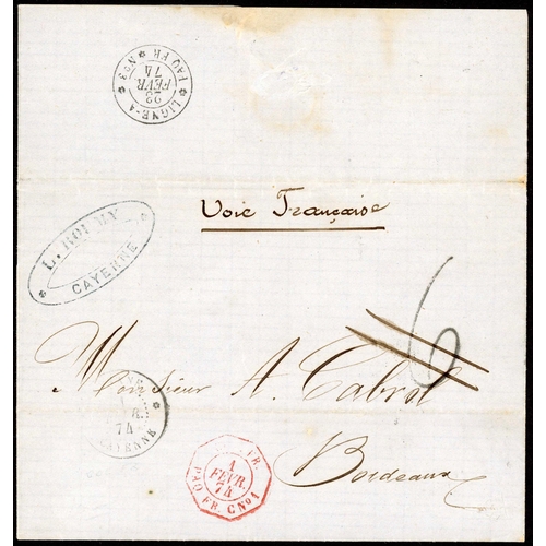 839 - FRENCH GUIANA: 1874 EL (light filing crease) from Cayenne via Martinique to France endorsed 