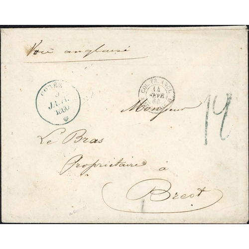 843 - SENEGAL EARLY MAIL TO FRANCE; Jan. 1860 unpaid env. (minor blemishes) 'voie anglaise' to Brest with ... 