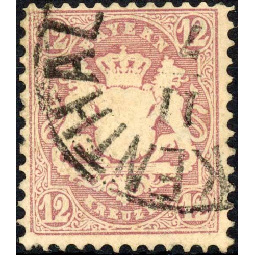 848 - USED 1870-73 BAVARIA 12k DULL MAUVE: Perf. 11½, type 5 wmk (width of mesh 14mm). SG 61B £1800. RPSL ... 