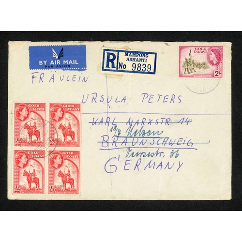 879 - ** QEII PERIOD MAIL; Range to Europe or N.America inc. 1954 airmail env. to USA franked 2/- pair, 6d... 