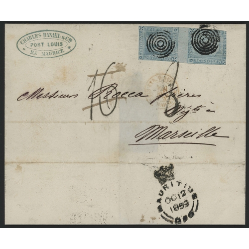 119 - LAPIROT 2d VERTICAL PAIR ON COVER TO FRANCE WITH TARGET CANCELS; Fine 12 Oct. 1859 E from Port Louis... 