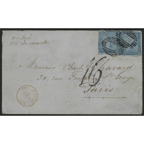 120 - OVERLAPPED LAPIROT 2d's ON COVER TO FRANCE WITH VOID BARRED OVAL CANCELS; 10 Nov. 1859 env. from Por... 