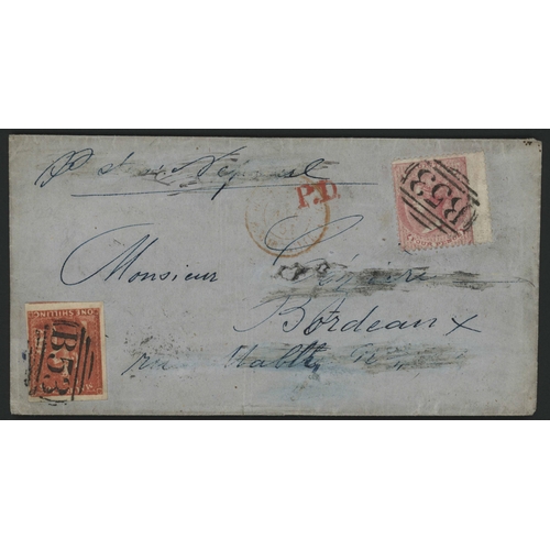 123 - MIXED ISSUES COVER TO FRANCE - BRITANNIA 1/- VERMILION + PERF. 4d ROSE WITH 