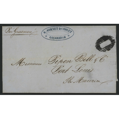 125 - VOID BARRED OVAL UNUSUALLY USED ON INGOING STAMPLESS COVER FROM INDIA; Fine 23 Jan. 1860 unpaid EL f... 