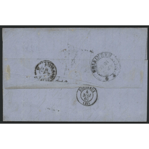 130 - FIRST DAY OF ISSUE USAGE OF THE PERFORATED 2d BLUE ON 4d-RATE COVER TO FRANCE VIA SUEZ; 7 April 1860... 