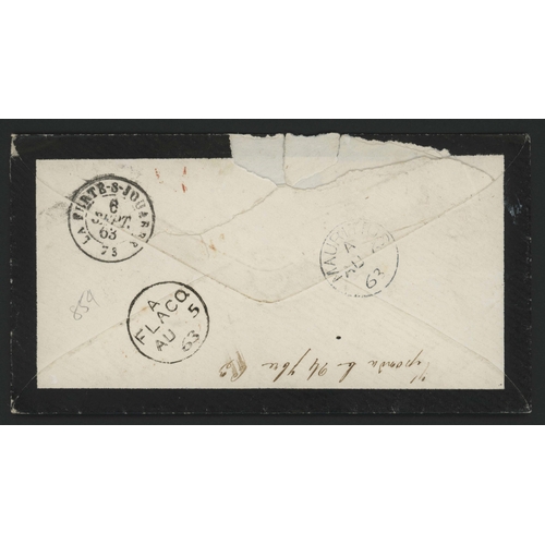 180 - 2 IN 3 CIRCLES CANCEL - FLACQ - ON 1863 4d ROSE PAIR ON COVER WITH MATCHING BACKSTAMP TO FRANCE; 5 A... 