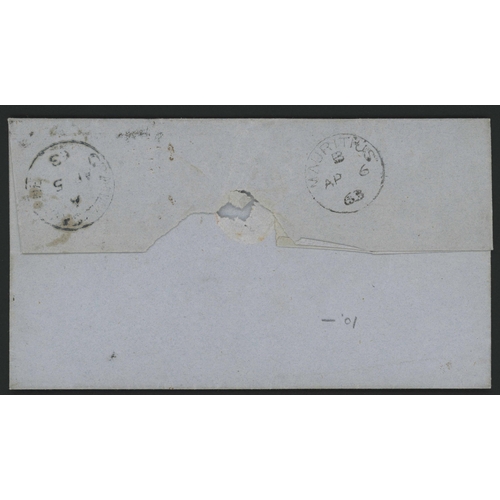 184 - 12 IN 2 CIRCLES CANCEL - GRANDE SAVANNE - ON 1861(?) 1d BROWN ON COVER TO PORT LOUIS; Fine 5 Apr. 18... 