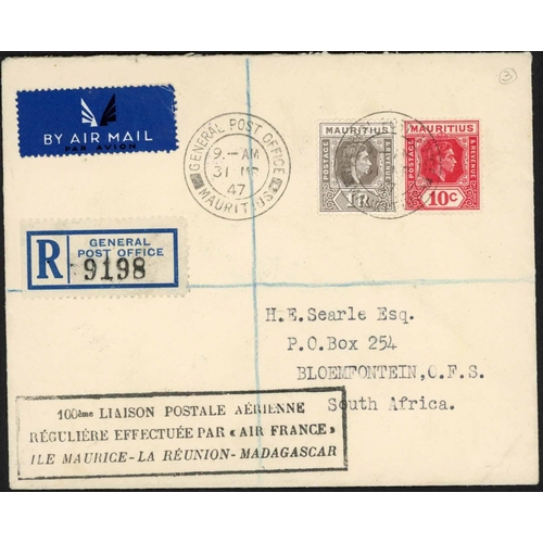 255 - 1947 AIR FRANCE 100th FLIGHT TO MARITIUS, ETC.: Five  covers inc. a 6d air letter sheet to Mauritius... 