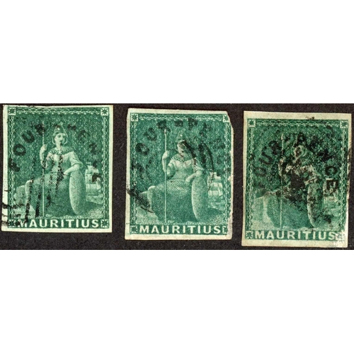 309 - 4d GREEN: Two used examples, one lightly cancelled with good margins and a three margined example (t... 