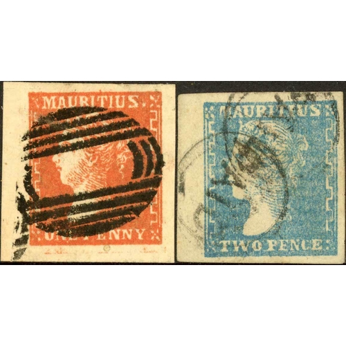 327 - 1d DULL VERMILION & 2d BLUE: Used marginal examples, 1d with an exceptional oval of bars cancellatio... 