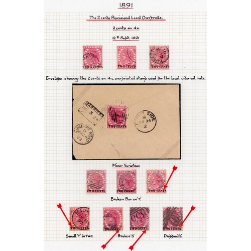 378 - 1891 2c on 4c CARMINE: The used group with an example on small piece with inverted surcharge (unpric... 