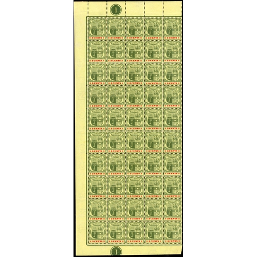 396 - 1902 3c GREEN & CARMINE ON YELLOW PAPER: An unmounted mint block of fifty being the first five verti... 