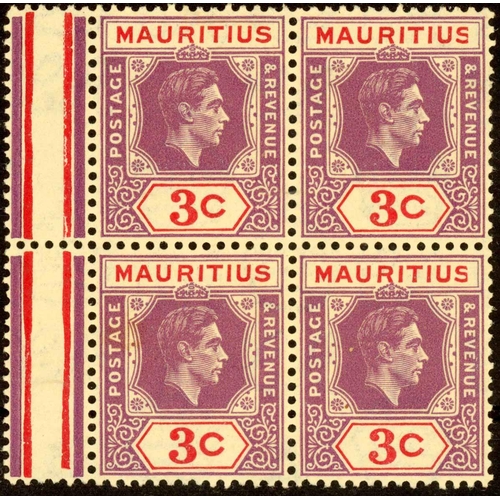 423 - 1938 3c REDDISH PURPLE & SCARLET: An unmounted mint marginal block of four from plate 1 with interpa... 