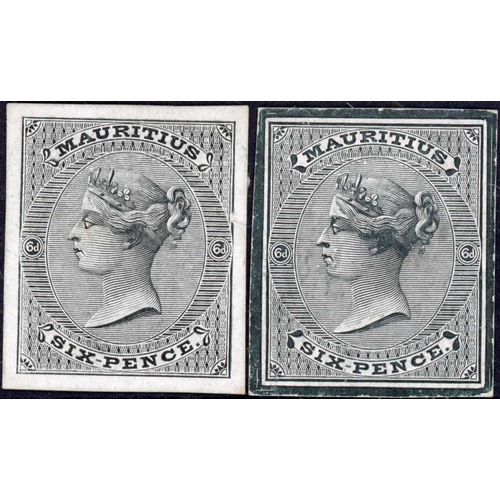 519 - 1860-63 NO WATERMARK ISSUE - DIE PROOFS: 6d stamp size die proofs, one with uncleared surround in bl... 