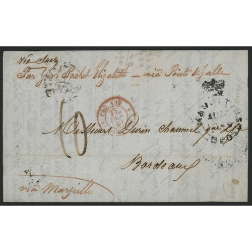 59 - RARE PORT LOUIS FORWARDING AGENT ENDORSEMENT ON COVER FROM REUNION VIA MAURITIUS & CEYLON TO FRANCE:... 