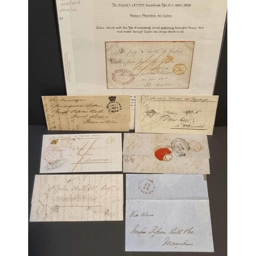 83 - INGOING MAIL FROM FRANCE, NATAL, ETC. WITH VARIED MAURITIUS MARKINGS: 1851-1859 group (couple repair... 