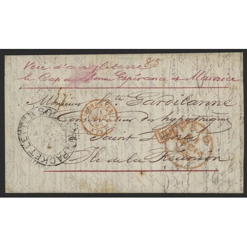 84 - REUNION - PREPAID INGOING COVER BY THE RARE ROUTE VIA GB, THE CAPE & MAURITIUS: 10 Feb. 1853 EL (som... 