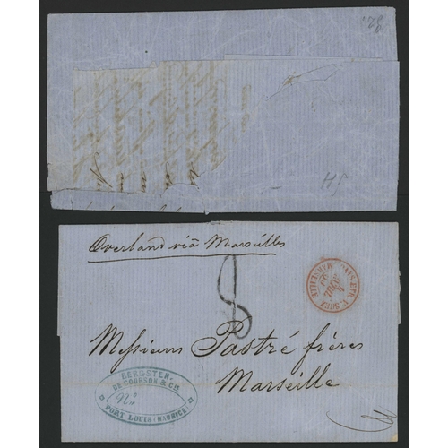 96 - 1st P&O SAILING FROM SYDNEY VIA MAURITIUS - PAIR OF COVERS TO FRANCE: 11 Mar. 1859 pair of ELs (faul... 