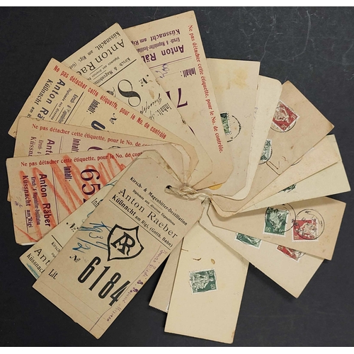 848 - PARCEL LABELS: Small box containing labels of various sizes with several denominations of Helvetia s... 