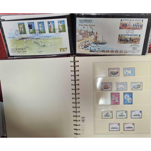 904 - GUERNSEY, ALDERNEY, JERSEY - EXCLUSIVELY MINT SETS, SHEETLETS, BINDERS & NEW ALBUM PAGES: Eight cart... 