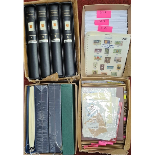 904 - GUERNSEY, ALDERNEY, JERSEY - EXCLUSIVELY MINT SETS, SHEETLETS, BINDERS & NEW ALBUM PAGES: Eight cart... 