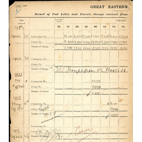 1102 - LEDGER OF RAILWAY STAMPS HELD BY BENTLEY STATION, SUFFOLK covering 1905-57, poor condition, plus gro... 