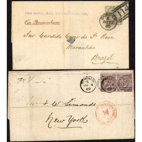 1144 - TO BRAZIL OR NEW YORK: 1869-1886 group from London (2), Dundee or St. Helens to Rio de Janeiro (2), ... 