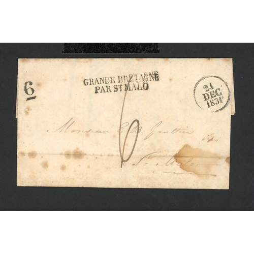 1151 - U.K. MAIL TO FRANCE: 1831 E (light stain) ex Jersey to St Malo with scarce GRANDE BRETAGNE/PAR ST MA... 