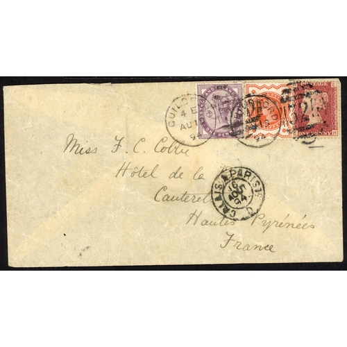 1155 - FRANCE - MIXED FRANKING WITH LATE USE OF 1D RED: Aug. 1894 env. (creased & roughly opened at reverse... 