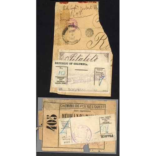 1185 - INCOMING PARCEL LABELS FROM OVERSEAS INC. COLOMBIA, FRANCE, GERMANY, ETC.: 1899 small piece from Col... 