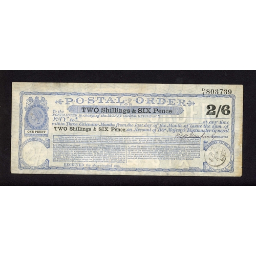 1189 - RARE FINE USED EARLY QV 2/6d POSTAL ORDER: Attractive and fine 15 Nov. 1886 usage of the 2/6d Blue P... 