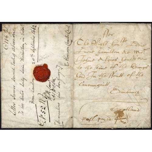 1200 - 1662 PREPAID 4d LONDON TO EDINBURGH: Fine 20 Sept. 1662 EL (some wear to folds but letter unaffected... 