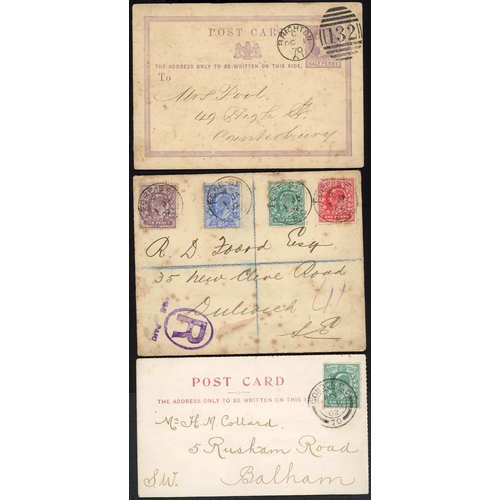 1206 - 1870-1954 UNUSUAL GROUP: Scarce pre-printed ½d postcard used on first day of ½d rate with crisp stri... 