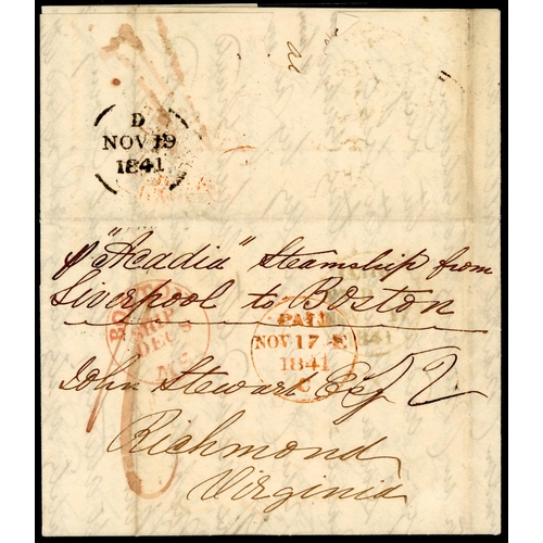 151 - TRANSATLANTIC MAIL WITH QUARTERED LIVERPOOL DS: 17 Nov. 1841 EL Leith to Richmond Va endorsed p 