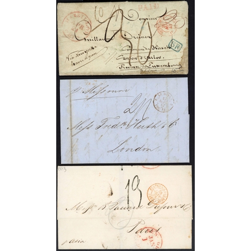 163 - FRENCH MAILS TO & FROM NORTH AMERICA: 1836-1898 group with 1836 EL Philadelphia to Nice with boxed P... 