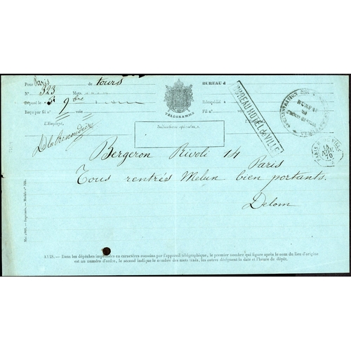 278 - PIGEON POST: Original telegram forms 14. November 1870  blue form with transcription of pigeon pell... 