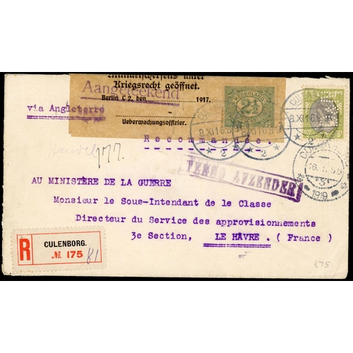 296 - WWI CAPTURED MAILS BY GERMANY: 1915-17 group inc. 1916 env. Registered Culenborg to Le Havre but shi... 