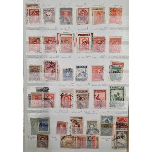 62 - ARGENTINA - TOWN & VILLAGE POSTMARKS: Stock book with a collection of postmarks on mostly 'middle-pe... 