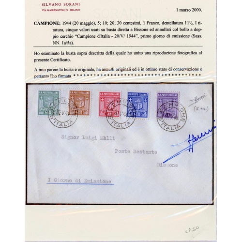 652 - COMMUNE DE CAMPIONE - FIRST DAY COVER: 20 May 1944 FDC with all values of first issue (SG1A-5A), Sor... 