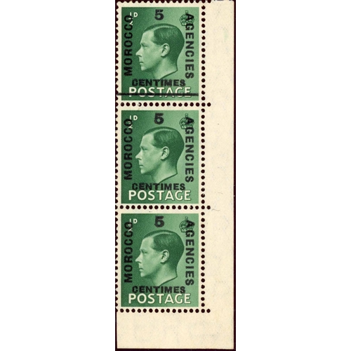 724 - FRENCH CURRENCY: KEVIII 5c on ½d umm vertical strip of 3, the topmost with var. 'bar through POSTAGE... 