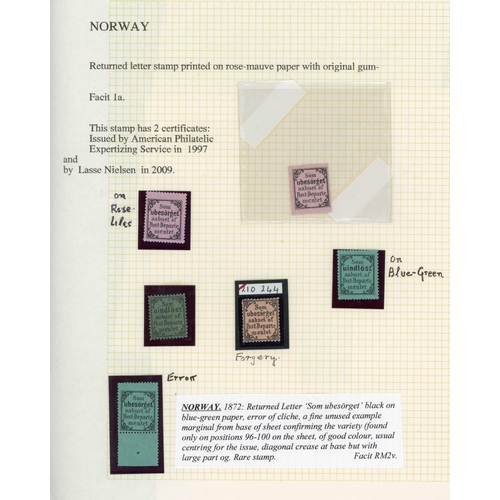 801 - RETURNED-LETTER STAMPS: several scarce stamps and a forgery assembled on display page inc. mm rose-l... 