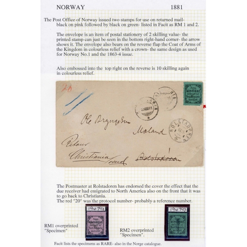 802 - RETURNED-LETTER STAMPS: a pair of rare specimen stamps. A black on lilac paper inscribed 'Som ubesor... 