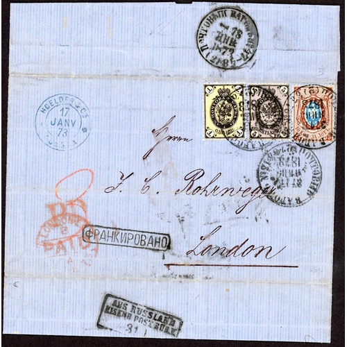 837 - RUSSIAN MAILS TO FRANCE, GERMANY & LONDON INC. THREE COLOUR FRANKINGS: 1870-78 selection inc. 1870 E... 