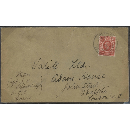 871 - WWI - TRIO OF BERBERA/BURAO COVERS TO G.B. + FRENCH DJIBOUTI COVER WITH SCALLOPED ADEN CENSOR: Sept.... 