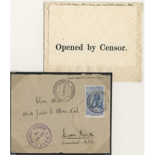 871 - WWI - TRIO OF BERBERA/BURAO COVERS TO G.B. + FRENCH DJIBOUTI COVER WITH SCALLOPED ADEN CENSOR: Sept.... 