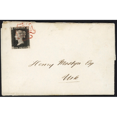104 - PLATE 3 DE PLACED ON COVER CONTRARY TO REGULATIONS: 28 July 1840 EL from Newport to Usk bearing a fo... 