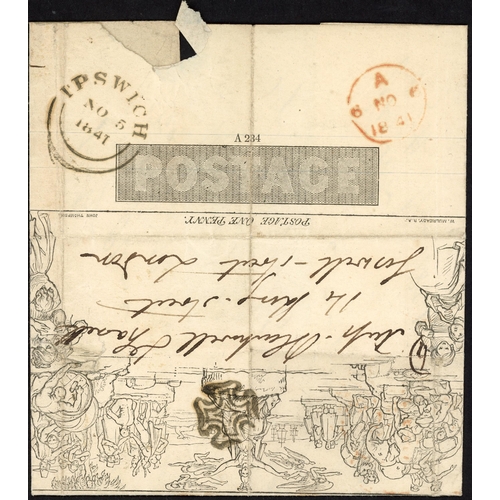 11 - IPSWICH 1d MULREADY LETTER SHEET: 5 Nov. 1841 1d Letter sheet stereo A234 Forme 6 (vertical crease t... 