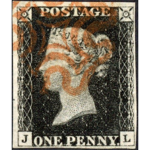 143 - PLATE 5 JL neatly cancelled with a red MX leaving corner letters clear. Clear to wide margins. Fine.