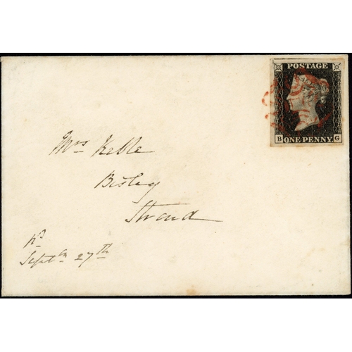 179 - PLATE 7 BG: A wide margined example tied by a red MX leaving corner lettered clear to a small envelo... 