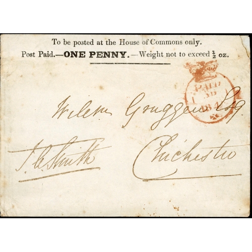 4 - HOUSE OF COMMONS 1d ENVELOPE - USED TO CHICHESTER: 1st Apr. 1840 usage of the 